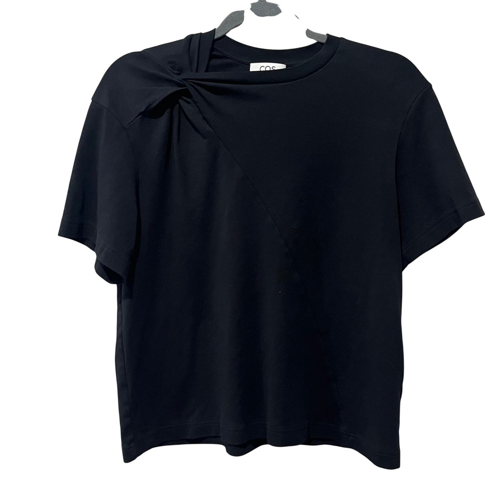 COS Twist Neck T-Shirt Women Small Black Shoulder Knot Detail Cotton Top